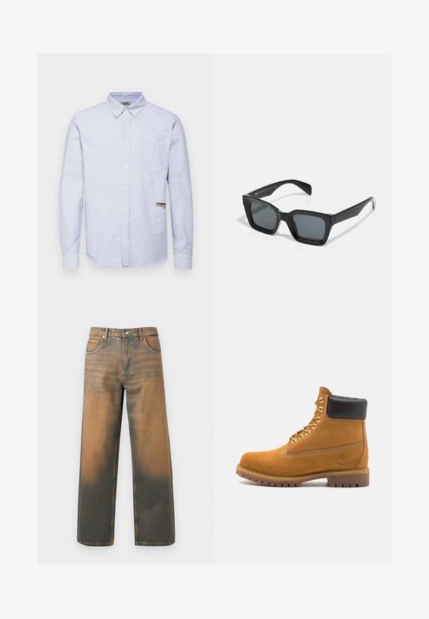 Grijze capuchontrui met een ritssluiting aan de voorkant, twee grote zakken, geribbelde manchetten en een logopatch op de linkerzak. Gemaakt van duurzaam materiaal.; Pompeii STRIPE SKY OXFORD SHORT - Overhemd - sky; Wijd-uitlopende jeans in verouderd blauw en bruin denim. Heeft een hoge taille, voorzakken en een klassieke knoopsluiting met metalen accenten.; Tan suède enkelboot met zwart gevoerd kraagje, gouden metalen oogjes, witte stikdetails en een robuuste rubberen zool met uitgesproken profiel.; Zwarte rechthoekige zonnebril met donkere lenzen. Kunststof frame met een glanzende afwerking, met een brede neusbrug en licht taps toelopende pootjes.