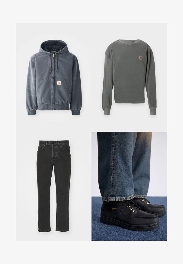 Harmaa huppari, jossa on edessä vetoketju, kaksi suurta taskua, ribbikaiset hihansuut ja logopatchi vasemmassa taskussa. Valmistettu kestävästä kankaasta.; Harmaa pitkähihainen pyöreäkauluksinen collegepaita, jossa on ribbitettua tekstiiliä, vasemmassa rinnassa pieni neliön muotoinen logo-tila, ja ribbikevät.; Musta farkkutakki suoran lahkeet muotoilulla, klassinen viisi-tasku tyyli, nappikiinnitys vyötäröllä ja haalistunut viimeistely. Sileä pinta, ei näkyviä kuvioita.; Musta nahkakengät kultaisilla rei'illä ja tekstuuripinnalla, yhdistettynä sinisiin farkkuihin. Kengissä on kerroksellinen pohja ja brändäysyksitys.