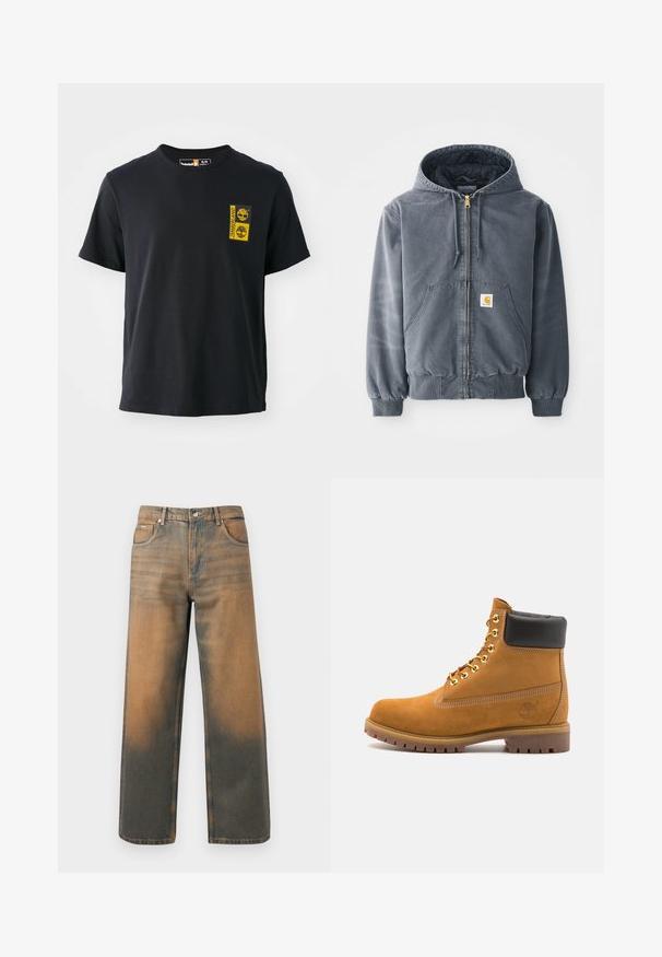 Grå hættetrøje med frontlynlås, to store lommer, ribbede ærmer og et logo-patch på venstre lomme. Lavet af slidstærkt stof.; Sort bomulds T-shirt med korte ærmer, rund halsudskæring, med et gult Timberland-logo på venstre brystområde. Glat tekstur.; Videbenede jeans i slidte blå og brune denim. Har høj talje, forlommer og en klassisk knaplukning med metaldetaljer.; Tan nubuck ankelstøvle med sort polstret krave, gyldne metaløjer, hvid syning detaljer og robust gummisål med udtalte slidbaner.