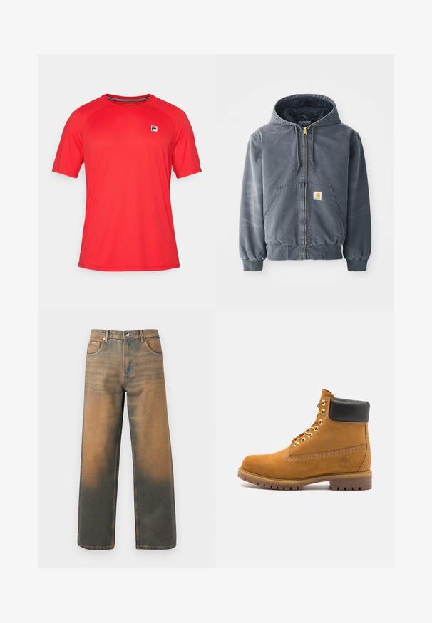 Pelēks kapučjaka džemperis ar priekšējo rāvējslēdzēju, divām lielām kabatām, ribota krokotā piedurkne un logo uzlīme uz kreisās kabatas. Izgatavots no izturīga materiāla.; Sarkans īsām piedurknēm sporta krekls, kas izgatavots no viegla auduma, ar apaļu izgriezumu un mazu logo uzlīmi kreisajā krūtīs.; Platas kāju džinsi novecojušajā zilā un brūnā denimā. Ievērojams augsts viduklis, priekšējās kabatas un klasiskā pogu aizdare ar metāliskām akcentiem.; Brūna zamša potīte ar melnu izšuvumu ap kaklu, zelta metāla acu caurumi, balta šuvju apdare un izturīgs gumijas zole ar izteiktu zīmējumu.