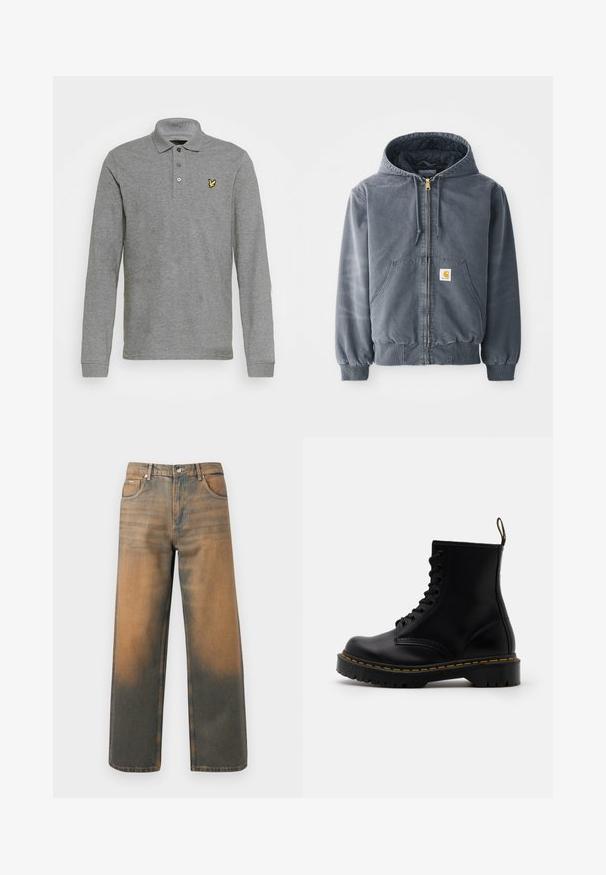 Grau Hoodie mit Frontreißverschluss, zwei großen Taschen, gerippten Bündchen und einem Logo-Patch auf der linken Tasche. Hergestellt aus strapazierfähigem Stoff.; Graues Langarm-Polo-Shirt aus weichem Material, mit einer Knopfleiste mit drei Knöpfen und einem gelben Logo auf der linken Brust.; Weite Jeans aus verwittertem blauem und braunem Denim. Sie haben eine hohe Taille, Vorderseiten-Taschen und einen klassischen Knopfverschluss mit metallischen Akzenten.; Schwarze Leder-Ankle-Boots mit schnürbarem Vorderteil, gelben Nähten, runder Zehenpartie und dicker, strukturierter Gummisohle.