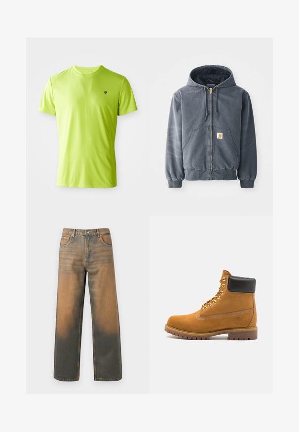 Grå hettegenser med glidelås foran, to store lommer, ribbestrikkede mansjetter og en logo-patch på venstre lomme. Laget av slitesterkt stoff.; Lysende limegrønn kortermet trenings-T-skjorte med en liten svart logo på venstre bryst, vist mot en hvit bakgrunn.; Bredde ben-jeans i slitt blå og brun denim. Har høy midje, frontlommer og en klassisk knappelukkning med metalliske detaljer.; Beige semskede ankelstøvel med svart polstret krage, gullmetalløyer, hvite sømdetaljer og robust gummisåle med påfallende mønster.