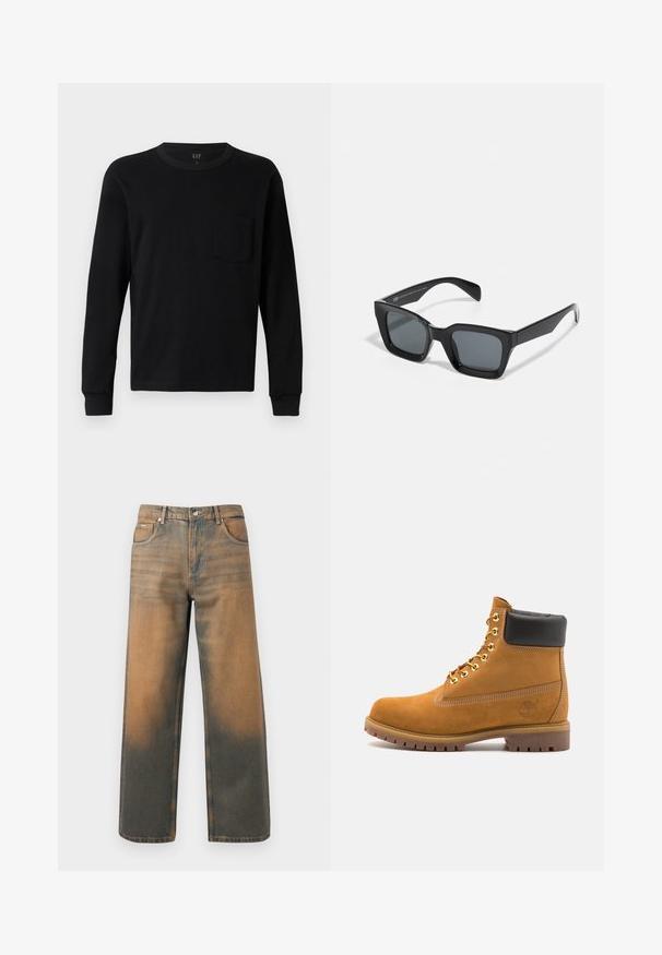Sweatshirt gri cu glugă, cu fermoar frontal, două buzunare mari, manșete ribbate și o eticheta cu logo pe buzunarul din stânga. Fabricat dintr-un material durabil.; Tricou negru cu mânecă lungă, fabricat din bumbac moale, cu guler rotund, manșete ribbate și un mic buzunar pe piept. Design minimalist.; Jeans evazați din denim albastru și maro distrus. Prezintă un talie înaltă, buzunare frontale și o închidere clasică cu buton, cu accente metalice.; Cizmă de gleznă din întoarsă de culoare bej, cu guler negru căptușit, ochiuri din metal auriu, detalii de cusătură albă și talpă din cauciuc robustă, cu un model pronunțat.; Ochelari de soare rectangulari negri cu lentile întunecate. Ramă din plastic cu un finisaj lucios, având un pod lat și brațe ușor înguste.