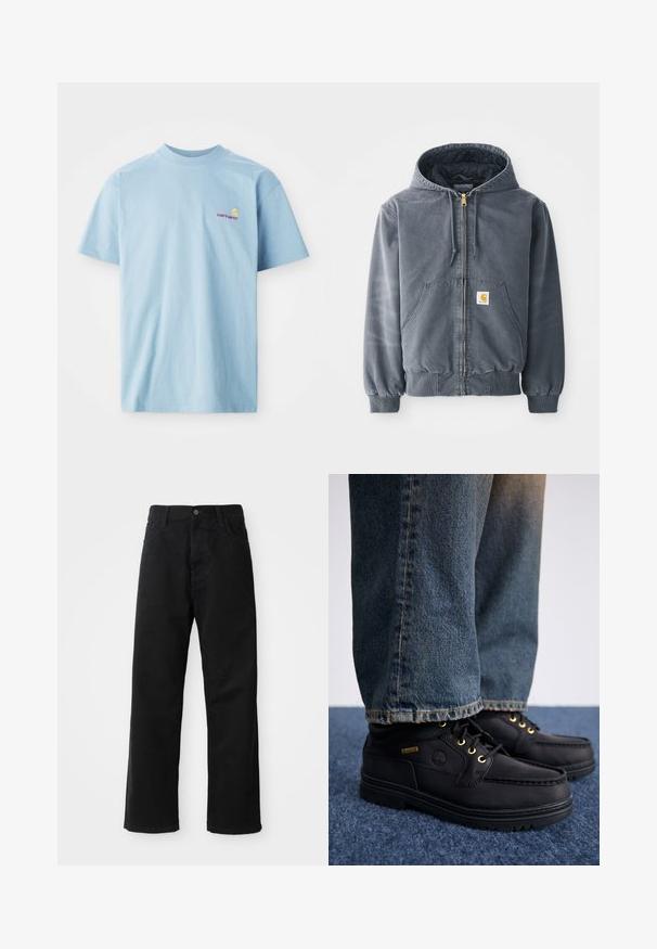 Grau Hoodie mit Frontreißverschluss, zwei großen Taschen, gerippten Bündchen und einem Logo-Patch auf der linken Tasche. Hergestellt aus strapazierfähigem Stoff.; Helles blaues, kurzärmliges T-Shirt aus Baumwolle mit Rundhalsausschnitt und einem kleinen mehrfarbigen Carhartt-Logo auf der linken Brust.; Schwarze Jeans mit geradem Schnitt, ausgestattet mit Fronttaschen, einem Reißverschluss und einem einzelnen oberen Knopf. Texturiert mit matter Oberfläche.; Schwarze Lederschuhe mit goldenen Ösen und strukturiertem Finish, kombiniert mit blauen Jeans. Die Schuhe haben eine geschichtete Sohle und ein Branddetail.