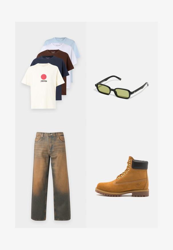Grå hættetrøje med frontlynlås, to store lommer, ribbede ærmer og et logo-patch på venstre lomme. Lavet af slidstærkt stof.; Fem bomulds T-shirts i forskellige farver: cremefarvet med en rød cirkel og "JAPAN", lys blå, hvid, brun og marineblå. Korte ærmer, rund hals design.; Videbenede jeans i slidte blå og brune denim. Har høj talje, forlommer og en klassisk knaplukning med metaldetaljer.; Tan nubuck ankelstøvle med sort polstret krave, gyldne metaløjer, hvid syning detaljer og robust gummisål med udtalte slidbaner.; Sorte solbriller med et vinklet design, grønne tonede linser og glatte plastikrammer. Har guld detaljer på stængerne.