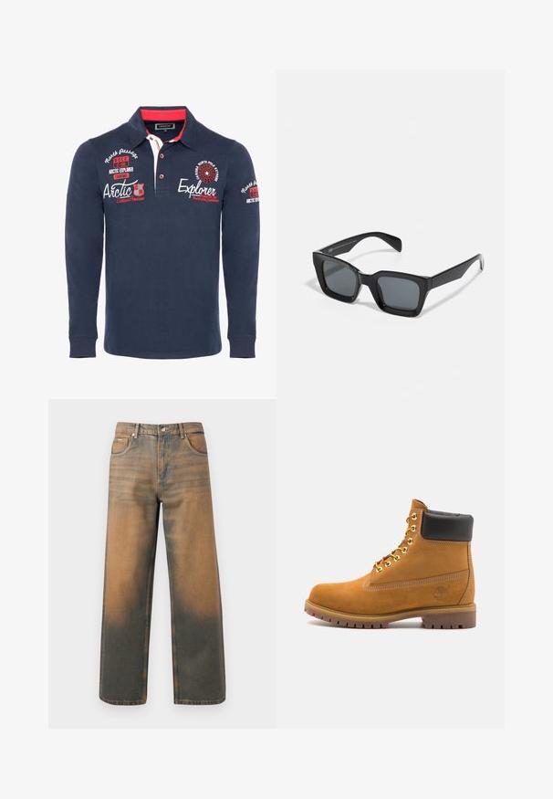 Siv hoodie z zadrgo spredaj, z dvema velikima žepoma, rebrastimi manšeti in logotipom na levem žepu. Narejen iz trpežnega blaga.; Mornarska polo majica z dolgimi rokavi, izdelana iz bombaža, s ovratnikom, rdečimi detajli ter vezenim besedilom in grafikami na prsih in rokavih.; Široke kavbojke v obrabljenem modrem in rjavem denimu. Imajo visok pas, sprednje žepke in klasično zapiranje na gumb z kovinskimi poudarki.; Svetlo rjave anklne čizme iz semiša z črnim oblazinjenim ovratnikom, zlatimi kovinskimi očesci, belimi šivi in robustnim gumijastim podplatom s izrazitimi tredi.; Črne pravokotne sončna očala s temnimi lečami. Plastičen okvir z sijajno površino, širokim mostom in rahlo zoženimi ročaji.