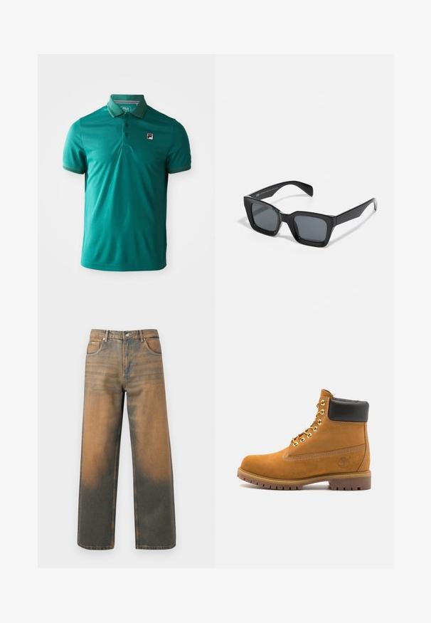 Pelēks kapučjaka džemperis ar priekšējo rāvējslēdzēju, divām lielām kabatām, ribota krokotā piedurkne un logo uzlīme uz kreisās kabatas. Izgatavots no izturīga materiāla.; Tamsza zila īsām piedurknēm polo krekls ar trim pogām un mazu FILA logotipa uzlīmi kreisajā krūtī uz balta fona.; Platas kāju džinsi novecojušajā zilā un brūnā denimā. Ievērojams augsts viduklis, priekšējās kabatas un klasiskā pogu aizdare ar metāliskām akcentiem.; Brūna zamša potīte ar melnu izšuvumu ap kaklu, zelta metāla acu caurumi, balta šuvju apdare un izturīgs gumijas zole ar izteiktu zīmējumu.; Melni taisnstūra saulesbrilles ar tumšiem stikliem. Plastmasas rāmis ar spīdīgu apdari, ar plašu tiltu un nedaudz sašaurinātām kājiņām.