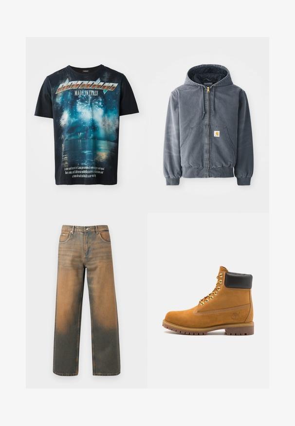 Gray hooded sweatshirt with a front zipper, two large pockets, ribbed cuffs, and a logo patch on the left pocket. Made from durable fabric.; Black cotton T-shirt featuring a graphic print of fireworks over water, with text reading "Made in Italy" and a quote in white at the bottom.; Wide-leg jeans in distressed blue and brown denim. Features a high waist, front pockets, and a classic button closure with metallic accents.; Tan suede ankle boot with black padded collar, gold metal eyelets, white stitching detailing, and rugged rubber sole with pronounced treads.