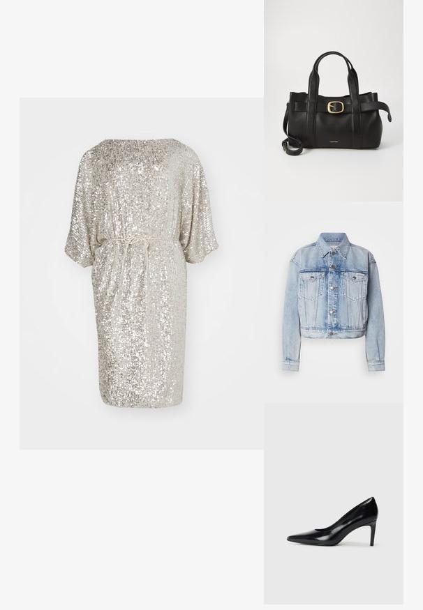 Ανοιχτό μπλε τζιν μπουφάν με cropped σχέδιο, δύο τσέπες στο στήθος, ασημένια κουμπιά και αιχμηρό γιακά; διαθέτει ξεθωριασμένη υφή σε όλη την επιφάνεια.; Ασημένιο φόρεμα με παγιέτες, σε άνετη γραμμή, κοντά μανίκια και στρογγυλή λαιμόκοψη, με ζώνη που δένει στη μέση για ρυθμιζόμενη εφαρμογή.; Μαύρο δερμάτινο ψηλοτάκουνο παπούτσι με μυτερή μύτη, λεία υφή και κοφτό τακούνι. Μινιμαλιστικός σχεδιασμός, χωρίς επιπρόσθετες διακοσμήσεις.; Μαύρη δερμάτινη τσάντα με δομημένο σχέδιο, διπλούς επάνω χειρολαβές, χρυσή αγκράφα διακόσμηση και ανάγλυφο λογότυπο μπροστά.