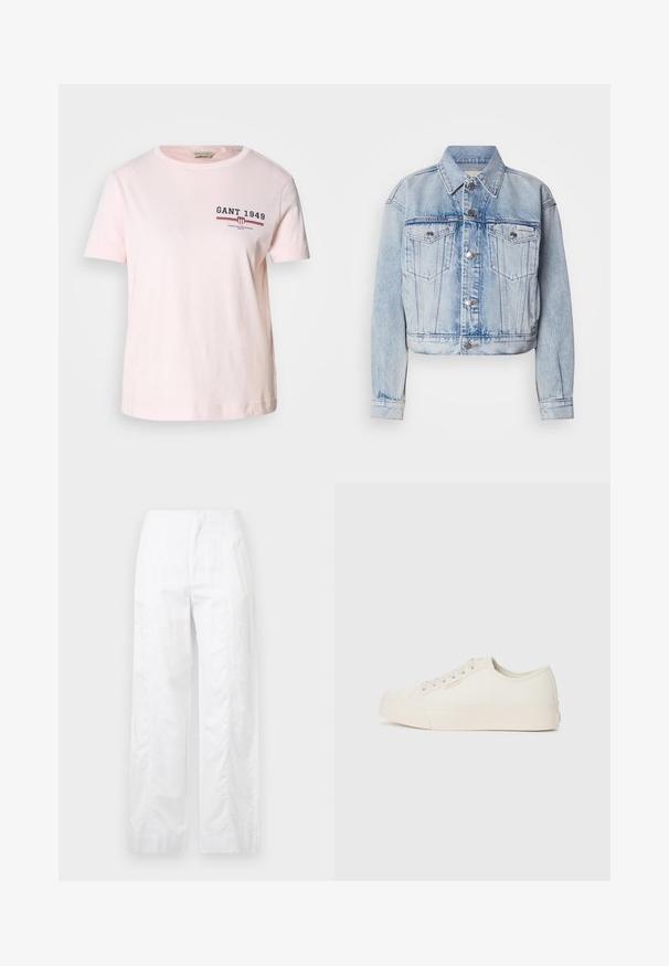 Light blue denim jacket with a cropped design, two chest pockets, silver buttons, and a pointed collar; features faded texture throughout.; Pink cotton T-shirt with a round neckline. Features "GANT 1949" logo in navy and red on the chest, short sleeves, and a straight hem.; White wide-leg trousers made of lightweight fabric, featuring a smooth texture, clean lines, and a high waist design.; Sneakers made of off-white canvas, featuring a low-top design, round toe, and flat rubber sole with subtle stitching detail.