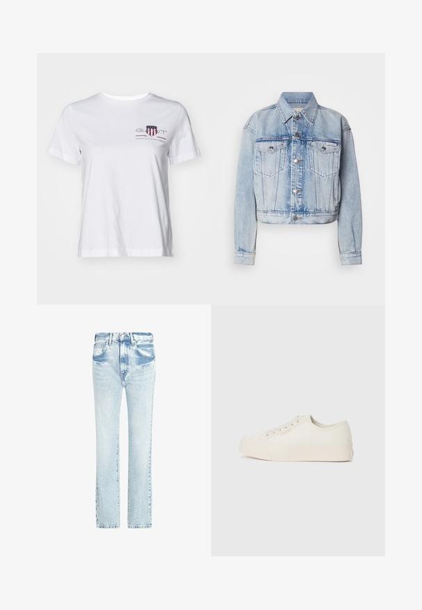Lichtblauwe spijkerjack met een cropped ontwerp, twee borstzakken, zilveren knopen en een puntige kraag; heeft doorlopend een vervaagde textuur.; Witte katoenen t-shirt met korte mouwen, ronde hals en een rood en blauw geborduurd logo aan de linkerkant. Fijne textuur, ontspannen pasvorm.; Lichtblauwe denim jeans met een recht model, vijf zakken en een vervaagde textuur. Kenmerkt zich door zichtbare stiksels en een klassieke knoopsluiting.; Sneakers van off-white canvas, met een laag ontwerp, ronde neus en platte rubberen zool met subtiele stiksels.