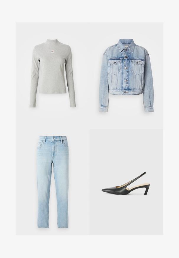 Jachetă din denim albastru deschis, cu un design scurt, două buzunare pe piept, nasturi argintii și un guler ascuțit; prezintă o textură estompată pe toată suprafața.; Tricou gri cu mâneci lungi și guler înalt, dintr-un material moale, având o textură cu nervuri și un mic logo CK într-un pătrat alb pe piept.; Blugi din denim de culoare albastru deschis, cu design dreaptă, talie medie, cu cinci buzunare și închidere cu nasture în față.; Pantof cu toc mic, cu vârf ascuțit și slingback, realizat din piele netedă, având un design decupat pe lateral pentru respirabilitate.