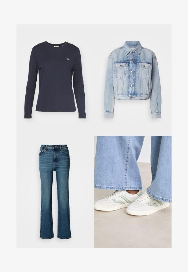 Gai zils džinsu jaka ar saīsinātu dizainu, divām krūšu kabatām, sudraba pogām un norādītu apkakli; visa jaka ir ar izbalējušu tekstūru.; Tums zilā krāsa, garām piedurknēm, kokvilnas T-krekls ar apaļu kakla izgriezumu un mazu logotipu kreisajā krūtīs. Gluda tekstūra.; Augsta vidukļa zilie dūmu džinsi, kas izgatavoti no džinsa auduma, ar taisnu kāju dizainu, vieglu izbalējumu un standarta pogu un rāvējslēdzēja aizdari.; Baltas sporta apavi ar gaiši zaļiem akcentiem, teksturēta āda un plakanām gumijas zolems. Savienoti ar platām džinsa biksēm.
