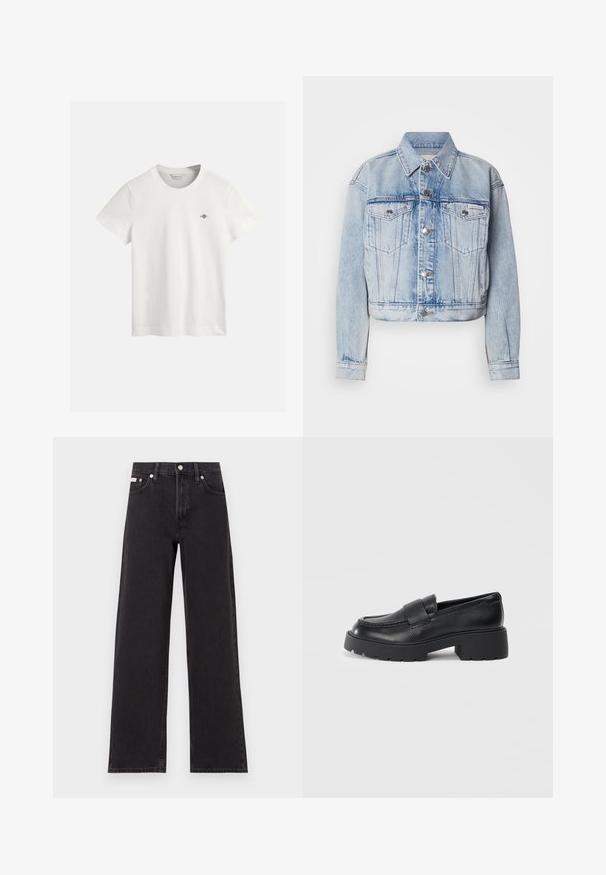 Světle modrá denimová bunda s krátkým střihem, dvěma náprsními kapsami, stříbrnými knoflíky a špičatým límcem; má vybledlou texturu po celém povrchu.; Bílá bavlněná tričko s kulatým výstřihem, krátkými rukávy a malým fialovým logem na levé hrudi. Hladká textura, standardní střih.; Černé široké jeansy vyrobené z denimu, s vysokým pasem, pěti kapsami a kovovým zapínáním s kontrastním prošíváním.; Černé kožené mokasíny s texturovaným povrchem, které mají obdélníkový pásek přes nárt a robustní podrážku s drážkováním.