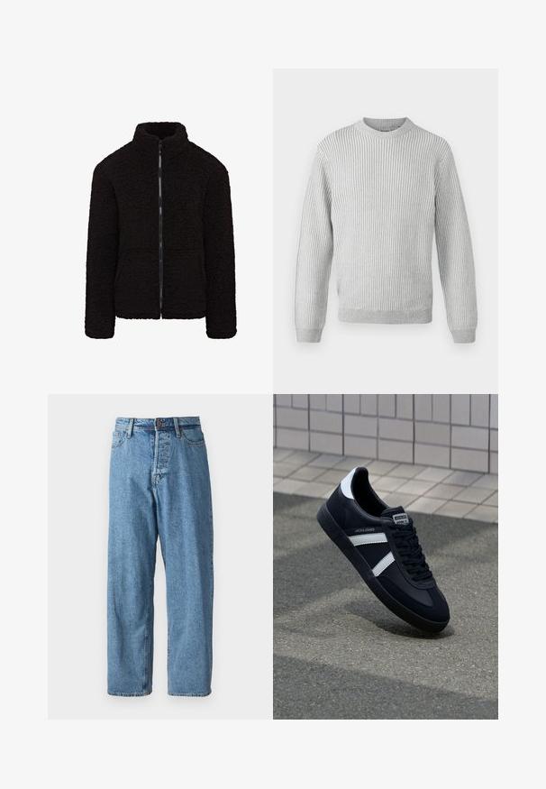Črna flis jakna z visokim ovratnikom, polnim sprednjim zadrgo in teksturirano blago. Ima dolge rokave in sproščen kroj. Vidne niso nobene žepe.; Svetlo sivi rebrasti pulover s okroglo ovratnikom, dolgimi rokavi in ravnim robom. Narejen iz mehkega, teksturiranega blaga.; Svijetloplavi traperice s opuštenim krojem, sa kopčanjem na gumbe, pet džepova i minimalnim trošenjem za čist izgled. Klasičan dizajn suženih nogavica.; Črne usnjene superge z belimi črtami, teksturiran gumijast podplat in zavezovanje spredaj. Imajo označeno oznako na ježku.