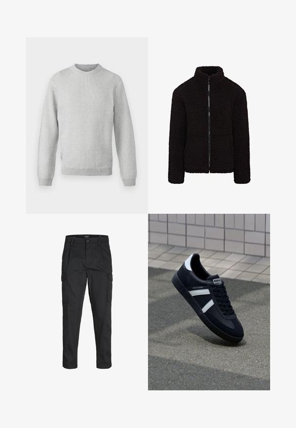 Black fleece jacket with a high collar, full front zipper, and textured fabric. Features long sleeves and a relaxed fit. No pockets visible.; Light gray ribbed sweater with a round neckline, long sleeves, and a straight hem. Made of soft, textured fabric.; Black cargo pants made of sturdy fabric, featuring multiple pockets, a button closure, and a slim fit design with tapered legs.; Black leather sneaker with white stripes, textured rubber sole, and lace-up front. Features a branded label on the tongue.