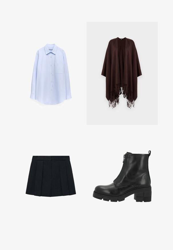 Bruine poncho met franjes, gemaakt van zachte stof, met een gedrapeerd ontwerp, open zijkanten en een ronde hals.; Lichtblauw overhemd met lange mouwen, knoopsluiting, puntige kraag en borstzak, weergegeven hangend tegen een witte achtergrond.; Bruine katoenen t-shirt, korte mouwen, ronde hals, relaxte pasvorm, gladde textuur, minimalistisch ontwerp, geen zichtbare patronen of accenten.; Zwarte geplooide rok van een stof met een gladde textuur. Beschikt over een gestructureerde tailleband en meerdere verticale plooien voor definitie.; Zwarte leren enkellaars met een zijrits, dikke zool en blokhak. Heeft subtiele stiksels en een logo aan de buitenzijde.