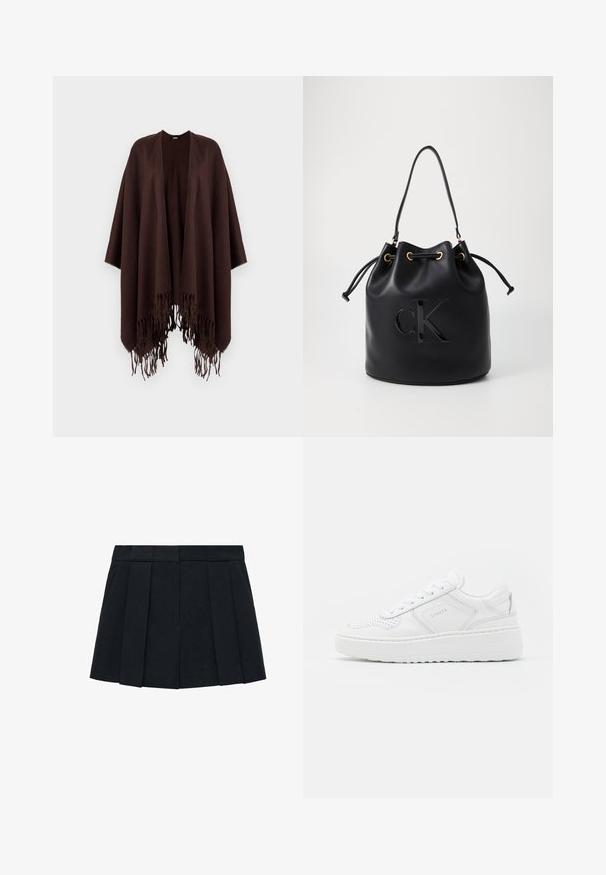 Poncho marrone con frange, realizzato in tessuto morbido, con un design drappeggiato, lati aperti e scollatura arrotondata.; Due magliette senza maniche, in bianco e nero, realizzate in cotone a coste, con colli rotondi e un design aderente. Etichette visibili su entrambe.; Gonna nera a pieghe realizzata in un tessuto con una texture liscia. Presenta un cinturino strutturato e multiple pieghe verticali per definizione.; Scarpe da ginnastica bianche con tomaia in pelle liscia, dettagli perforati e una suola in gomma spessa. Presentano un branding minimale e un design con lacci.; Borsa a secchiello in pelle nera con chiusura a cordoncino, caratterizzata da un logo "CK" lucido sulla parte anteriore e dettagli in hardware dorato.