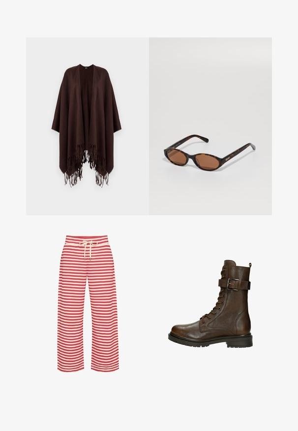 Brauner Poncho mit Fransen aus weichem Stoff, mit einem drapierten Design, geöffneten Seiten und runder Ausschnitt.; Schwarz langärmliges Turtleneck-Oberteil aus einem weichen, elastischen Material. Hat einen hohen Kragen und eine figurbetonte Silhouette ohne Verzierungen.; Gestreifte weite Hosen in Rot und Creme, mit einem elastischen Bund und einem Kordelzug, aus glattem Stoff und mit einem lässigen Schnitt.; Braune Leder-Schnürstiefelette mit einer seitlichen Schnalle, runder Zehenpartie, robustem Profil und gesteppten Details für zusätzliche Textur.; Schildpatt ovalen Sonnenbrillen mit braunen Gläsern, schräg gehalten, um das "QUAY"-Logo am rechten Gestell auf einem schlichten Hintergrund zu zeigen.; Schwarze Leder-Eimer-Tasche mit Kordelzugverschluss, ausgestattet mit einem glänzenden "CK"-Logo auf der Vorderseite und goldfarbenen Hardware-Akzenten.