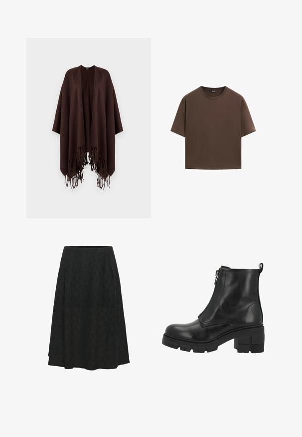 Bruine poncho met franjes, gemaakt van zachte stof, met een gedrapeerd ontwerp, open zijkanten en een ronde hals.; Bruine katoenen t-shirt, korte mouwen, ronde hals, relaxte pasvorm, gladde textuur, minimalistisch ontwerp, geen zichtbare patronen of accenten.; Zwarte rok van gestructureerde stof met een subtiel geometrisch patroon, voorzien van een uitlopende stijl en plooien voor extra volume.; Zwarte leren enkellaars met een zijrits, dikke zool en blokhak. Heeft subtiele stiksels en een logo aan de buitenzijde.