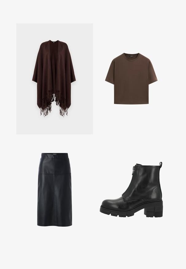 Brun frynset poncho lavet af blødt stof, med et draperet design, åbne sider og en rund halsudskæring.; Brun bomulds t-shirt, korte ærmer, rund halsudskæring, afslappet pasform, glat tekstur, minimalistisk design, ingen synlige mønstre eller accenter.; Sorte lædernederdel med en lige silhuet, der har en glat overflade, talje og detaljeret syning på frontpanelerne.; Sorte læder ankelstøvler med lynlås i siden, tyk sål og blokhæle. Har diskret syninger og et logo på den ydre side.