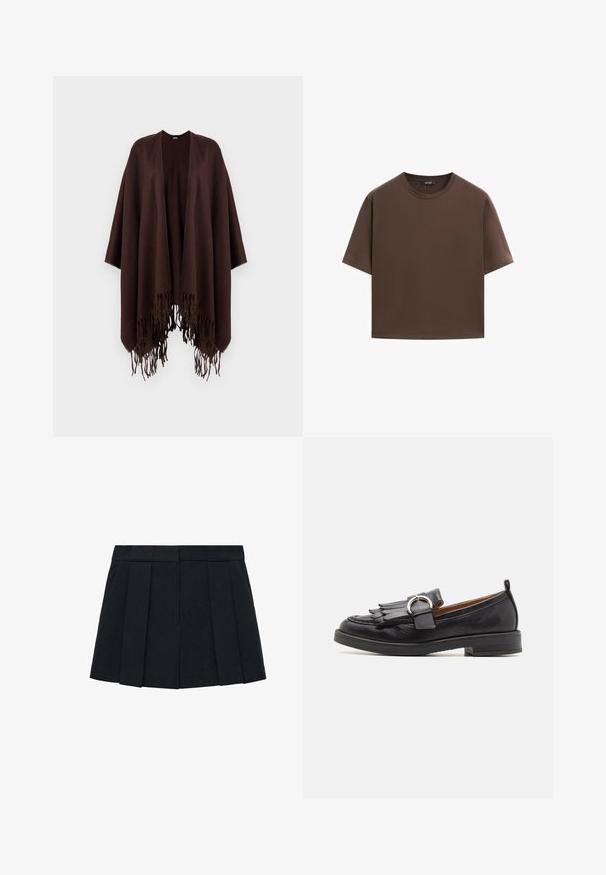 Bruine poncho met franjes, gemaakt van zachte stof, met een gedrapeerd ontwerp, open zijkanten en een ronde hals.; Bruine katoenen t-shirt, korte mouwen, ronde hals, relaxte pasvorm, gladde textuur, minimalistisch ontwerp, geen zichtbare patronen of accenten.; Zwarte geplooide rok van een stof met een gladde textuur. Beschikt over een gestructureerde tailleband en meerdere verticale plooien voor definitie.; Pavement MATILDA - Instappers - black