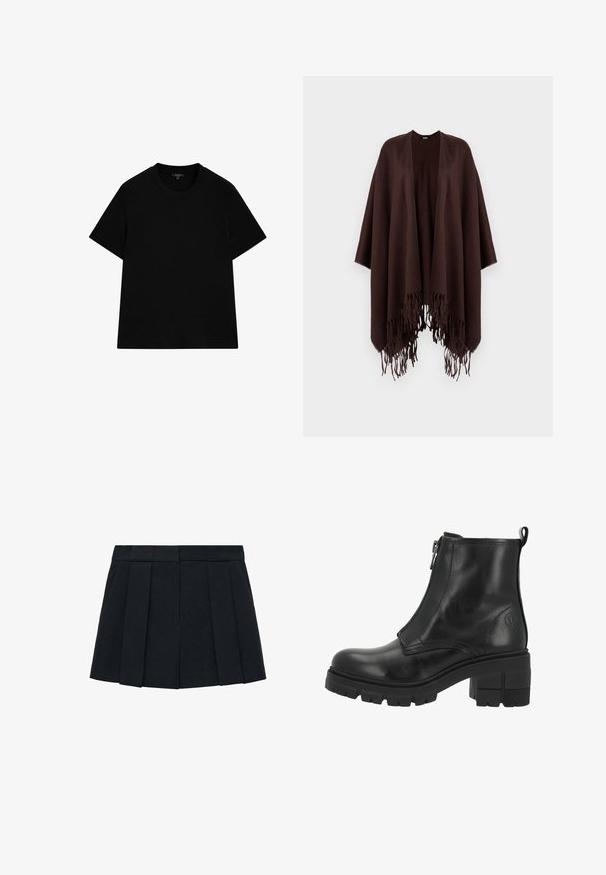 Poncho marrone con frange, realizzato in tessuto morbido, con un design drappeggiato, lati aperti e scollatura arrotondata.; T-shirt nera a maniche corte in cotone. Presenta un colletto rotondo, una vestibilità comoda e nessun motivo o abbellimento.; Gonna nera a pieghe realizzata in un tessuto con una texture liscia. Presenta un cinturino strutturato e multiple pieghe verticali per definizione.; Stivale alla caviglia in pelle nera con cerniera laterale, suola spessa e tacco a blocco. Presenta cuciture sottili e un logo sul lato esterno.