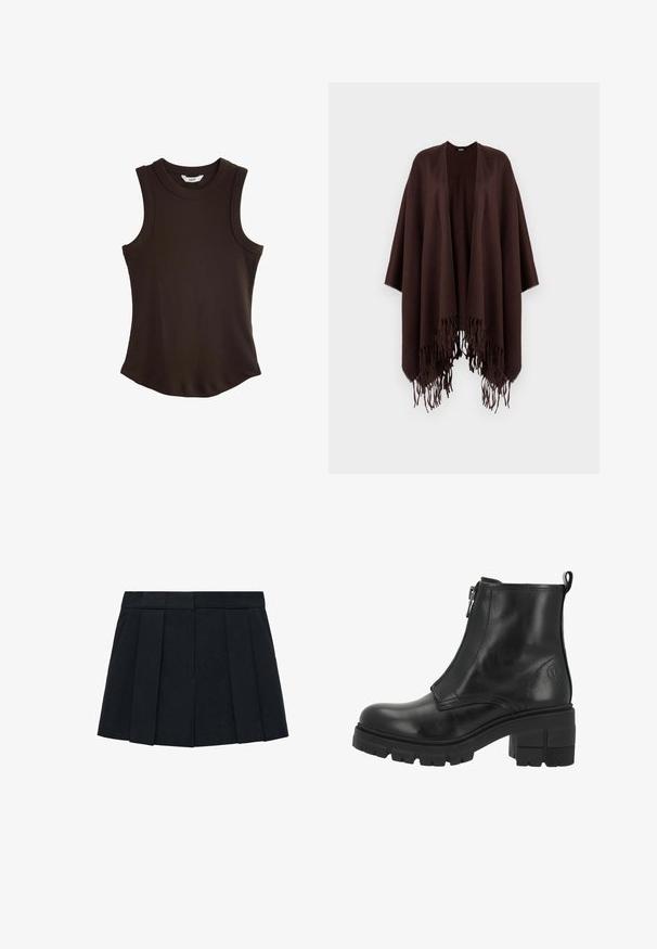 Brun frynset poncho lavet af blødt stof, med et draperet design, åbne sider og en rund halsudskæring.; Brun ribbet tanktop med rund hals og ærmeløst design. Har en buet kant for en tætsiddende silhuet, lavet af strækstof.; Sort plisseret nederdel lavet af stof med en glat tekstur. Har en struktureret talje og flere lodrette pliser for definition.; Sorte læder ankelstøvler med lynlås i siden, tyk sål og blokhæle. Har diskret syninger og et logo på den ydre side.