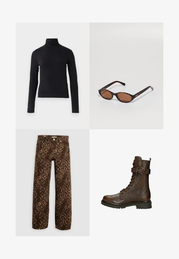 Brauner Poncho mit Fransen aus weichem Stoff, mit einem drapierten Design, geöffneten Seiten und runder Ausschnitt.; Schwarz langärmliges Turtleneck-Oberteil aus einem weichen, elastischen Material. Hat einen hohen Kragen und eine figurbetonte Silhouette ohne Verzierungen.; Leopardenmusterweite Beinhosen in Braun und Beige. Hergestellt aus Denim, mit einem klassischen Fünf-Taschen-Design und Metallbeschlägen.; Braune Leder-Schnürstiefelette mit einer seitlichen Schnalle, runder Zehenpartie, robustem Profil und gesteppten Details für zusätzliche Textur.; Schildpatt ovalen Sonnenbrillen mit braunen Gläsern, schräg gehalten, um das "QUAY"-Logo am rechten Gestell auf einem schlichten Hintergrund zu zeigen.; Schwarze Leder-Eimer-Tasche mit Kordelzugverschluss, ausgestattet mit einem glänzenden "CK"-Logo auf der Vorderseite und goldfarbenen Hardware-Akzenten.