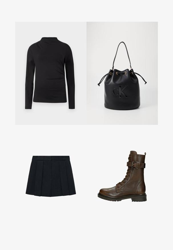 Brauner Poncho mit Fransen aus weichem Stoff, mit einem drapierten Design, geöffneten Seiten und runder Ausschnitt.; Schwarzes langärmliges Rollkragenoberteil mit schlanker Passform und glattem Stoff vor einem schlichten weißen Hintergrund.; Schwarzer, gefalteter Rock aus einem Stoff mit glatter Textur. Verfügt über einen strukturierten Taillenbund und mehrere vertikale Falten für eine klare Definition.; Braune Leder-Schnürstiefelette mit einer seitlichen Schnalle, runder Zehenpartie, robustem Profil und gesteppten Details für zusätzliche Textur.; Schwarze Leder-Eimer-Tasche mit Kordelzugverschluss, ausgestattet mit einem glänzenden "CK"-Logo auf der Vorderseite und goldfarbenen Hardware-Akzenten.