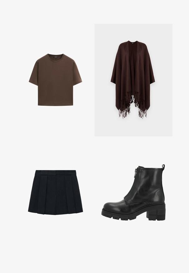 Brun frynset poncho lavet af blødt stof, med et draperet design, åbne sider og en rund halsudskæring.; Brun bomulds t-shirt, korte ærmer, rund halsudskæring, afslappet pasform, glat tekstur, minimalistisk design, ingen synlige mønstre eller accenter.; Sort plisseret nederdel lavet af stof med en glat tekstur. Har en struktureret talje og flere lodrette pliser for definition.; Sorte læder ankelstøvler med lynlås i siden, tyk sål og blokhæle. Har diskret syninger og et logo på den ydre side.