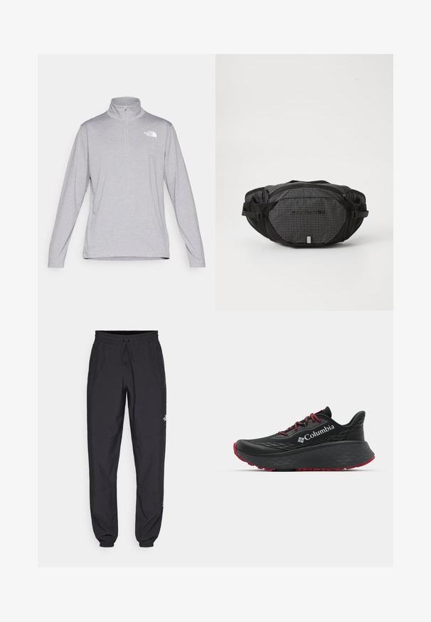Balts vējjakas ar melniem akcentiem un rāvējslēdzēju. Iezīmē augstu apkakli un smalku ģeometrisku rakstu. Logo uz krūšu daļas.; The North Face M GLACIER FLEECE 1/4 ZIP JACKET - Flīsa džemperis - grey heather; Gaišpelēks garām piedurknēm puloveris ar ceturtdaļas rāvējslēdzēju, izgatavots no gludas auduma, ar mazu baltu logo kreisajā augšējā krūtīs.; Melni sporta bikses, kas izgatavotas no viegla auduma, ar savelcamu jostu, sānu kabatām un sašaurinātiem apakšējiem galiem pie potītēm.; Melnas sporta kurpes ar teksturētu augšdaļu, sarkanām auklām un logotipu. Bieza zole ar rakstainu protektoru, lai nodrošinātu saķeri. Minimālisma dizains, sānu skats.; Melnas un pelēkas jostas soma ar režģa rakstu, regulējamām siksnām, divām ar rāvējslēdzējiem aizveramām kabatām un zīmola logo priekšpusē.