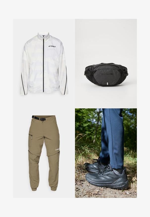 Biely vetrovka s čiernymi akcentmi a zipsovým uzáverom. Disponuje vysokým golierom a jemným geometrickým vzorom. Logo na hrudi.; The North Face M GLACIER FLEECE 1/4 ZIP JACKET - Flísová bunda - grey heather; Khaki vonkajšie nohavice s nastaviteľným čiernym opaskom, zipsovými vreckami, zúženými manžetami a odnímateľnými dolnými nohavicami pre variabilný štýl.; Čierne turistické topánky s textúrovaným zvrškom, dizajnom troch pruhov a robustnou podrážkou, v kombinácii s námorníckymi nohavicami a šedými ponožkami v prírodnom prostredí.; Čierna a šedá ľadvinka s mriežkovým vzorom, nastaviteľnými popruhmi, dvoma zapínacími vreckami a logom značky vpredu.