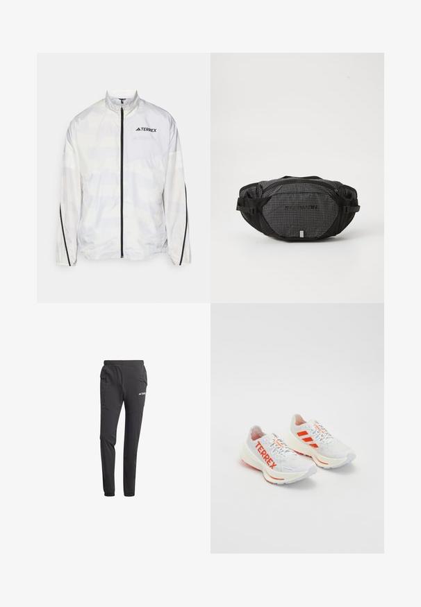 Balta vėjui atspari striukė su juodais akcentais ir užtrauktuku. Savybė - aukšta apykaklė ir subtilus geometrinis raštas. Logotipas ant krūtinės.; The North Face M GLACIER FLEECE 1/4 ZIP JACKET - Flisinis džemperis - grey heather; Juodos sportinės kelnės, pagamintos iš lengvos medžiagos, su elastingu liemeniu, šoninėmis kišenėmis, siaurėjančiomis kojomis ir logotipo detale.; Baltos sportinės bateliai su oranžiniais akcentais, su "TERREX" ženklinimu, tinkline viršutine dalimi, mėgstančiu pado ir tekstūruota guma. ; Juoda ir pilka juosmens krepšys su tinklo raštu, reguliuojamomis juostomis, dviem užtrauktukais uždaromomis compartmentais ir prekės ženklu priekyje.