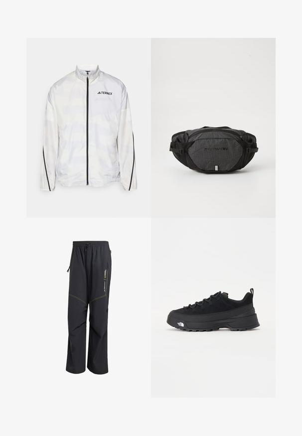 Vit vindjacka med svarta detaljer och dragkedjestängning. Har en hög krage och en subtil geometrisk mönstring. Logotyp på bröstet.; The North Face M GLACIER FLEECE 1/4 ZIP JACKET - Fleecetröja - grey heather; Svarta utomhusbyxor i lätt material, med dragsko i midjan, sidofickor och gula sömdekorationer.; Svart utomhussko med ovandel i mocka, texturerad gummisula och robust snörningssystem. Har en förstärkt häl och varumärkeslogotyp på sidan.; Svart och grå midjeväska med rutmönster, justerbara remmar, två blixtlåsfack och en varumärkeslogotyp på fronten.