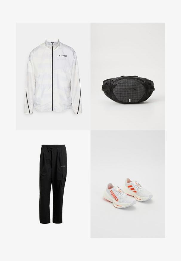 Balts vējjakas ar melniem akcentiem un rāvējslēdzēju. Iezīmē augstu apkakli un smalku ģeometrisku rakstu. Logo uz krūšu daļas.; The North Face M GLACIER FLEECE 1/4 ZIP JACKET - Flīsa džemperis - grey heather; Melni cargo bikses, kas izgatavotas no viegla materiāla, ar elastīgu jostu, sānu kabatām un diskrētu logo uz augšstilba.; Baltas sporta apavi ar oranžiem akcentiem, ar "TERREX" zīmolu, ar sietiņa augšdaļu, mīkstinātu zolīti un reljefu gumijas zoli.; Melnas un pelēkas jostas soma ar režģa rakstu, regulējamām siksnām, divām ar rāvējslēdzējiem aizveramām kabatām un zīmola logo priekšpusē.