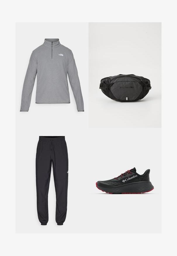 Bela jakna z vetrovko z črnimi detajli in zadrgo. Ima visok ovratnik in subtilen geometrijski vzorec. Logotip na prsih.; The North Face M GLACIER FLEECE 1/4 ZIP JACKET - Pulover iz flisa - grey heather; Siva srajca z dolgimi rokavi z teksturirano tkanino, ki ima temnosivo žep na prsih in zadrgo. Logotip na žepu je bel.; Črne atletske hlače iz lahkega materiala, ki imajo elastični pas z vezalko, stranske žepe in zožene manšete na gležnjih.; Črne atletske čevlje s teksturiranim zgornjim delom, rdečimi vezalkami in logotipom. Debel podplat s patternom za boljši oprijem. Minimalistična zasnova, stranski pogled.; Črna in siva fanny pack z mrežnim vzorcem, nastavljivimi trakovi, dvema žepoma na zadrgo in logotipom blagovne znamke na sprednji strani.