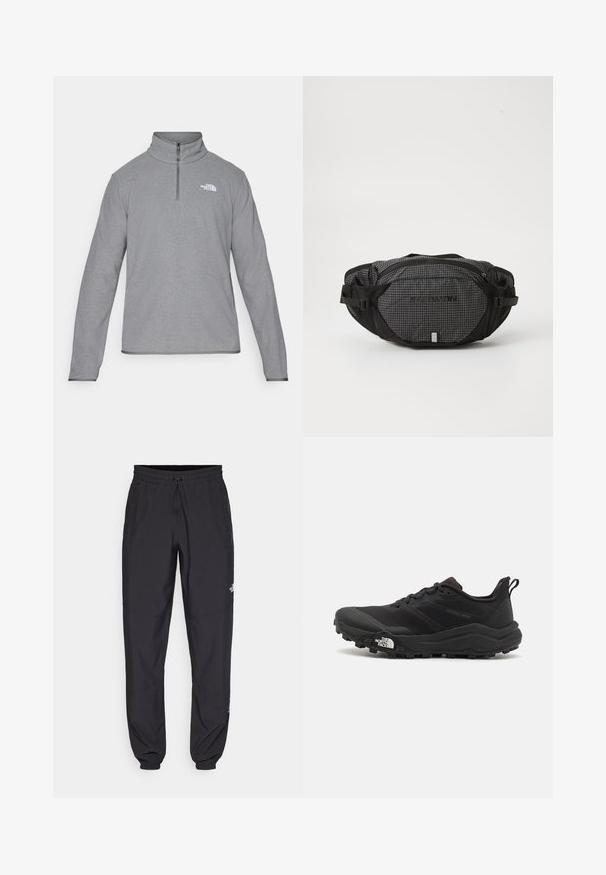 Balts vējjakas ar melniem akcentiem un rāvējslēdzēju. Iezīmē augstu apkakli un smalku ģeometrisku rakstu. Logo uz krūšu daļas.; The North Face M GLACIER FLEECE 1/4 ZIP JACKET - Flīsa džemperis - grey heather; Melni sporta bikses, kas izgatavotas no viegla auduma, ar savelcamu jostu, sānu kabatām un sašaurinātiem apakšējiem galiem pie potītēm.; Melnas taku skriešanas kurpes ar teksturētu virsu, gumijas zoli un pastiprinātu pirkstu daļu. Aprīkotas ar mīkstu apkakli un vilkšanas cilpu, lai viegli uzvilktu.; Melnas un pelēkas jostas soma ar režģa rakstu, regulējamām siksnām, divām ar rāvējslēdzējiem aizveramām kabatām un zīmola logo priekšpusē.