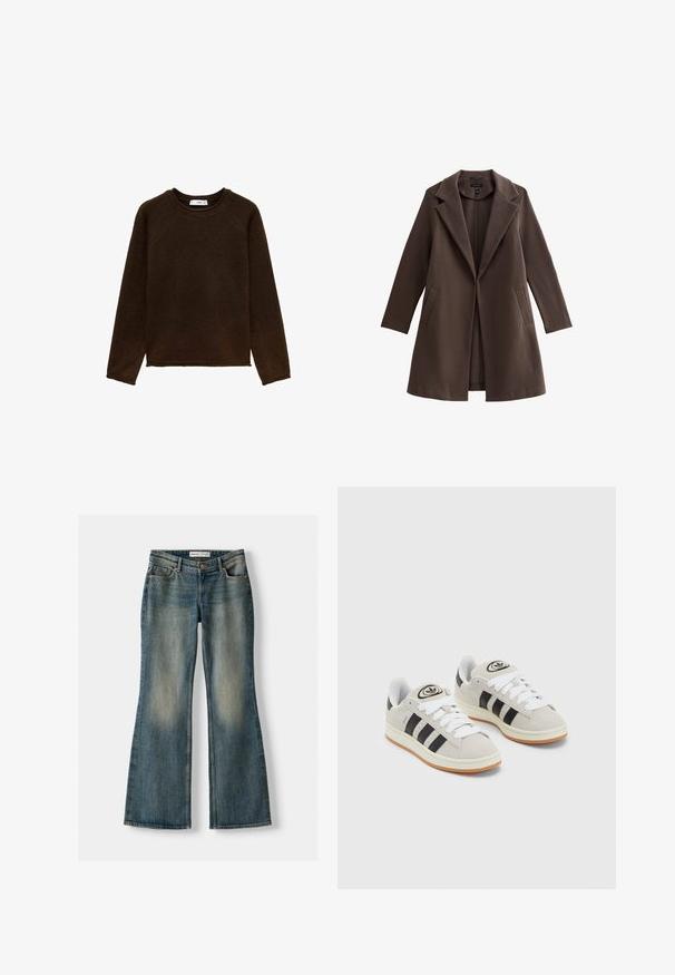 Brauner Wollmischungs-Mantel mit Reverskragen, offener Front, langen Ärmeln und Seitentaschen. Glatte Textur und knielanges Design.; Dunkelbrauner Langarm-Sweatshirt mit rundem Halsausschnitt, Raglanärmeln und einem strukturierten Strickstoff. Klassische Passform mit geradem Saum.; Blaue Schlagjeans mit einem ausgewaschenen Look, fünf Taschen und einem Knopfverschluss. Das Material zeigt eine Denim-Textur mit dezenten Stickdetails.; Graue Wildledersneaker mit weißen Schnürsenkeln, schwarzen Streifen und einer weißen Gummisohle. Merkmale sind ein kreisförmiges Logo auf der Zunge und eine Gummisohle.