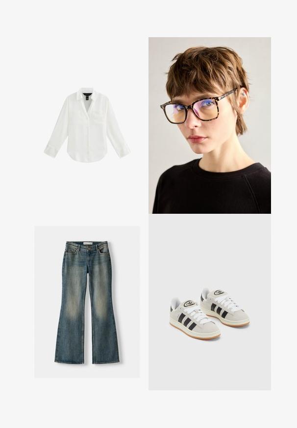 Brązowy płaszcz z wełny z domieszką, z wykładanym kołnierzem, otwartym przodem, długimi rękawami i bocznymi kieszeniami. Gładka faktura i długość do kolan.; Biała koszula zapinana na guziki, długie rękawy, dwie kieszenie z przodu, kołnierzyk i gładki, lekki materiał. Posiada zaokrąglony dół i mankiety zapinane na guziki.; Niebieskie dżinsy w fasonie dzwonów z wyblakłym wykończeniem, pięcioma kieszeniami i zapięciem na guzik. Materiał ma fakturę dżinsu z subtelnymi detalami szycia.; Szare zamszowe trampki z białymi sznurówkami, czarnymi paskami i białą gumową podeszwą. Posiadają okrągłe logo na języku oraz gumową podeszwę.; Okulary w deseń żółwi z dużymi prostokątnymi oprawkami, z lustrzanymi soczewkami i cienkimi zausznikami, noszone na neutralnym tle.