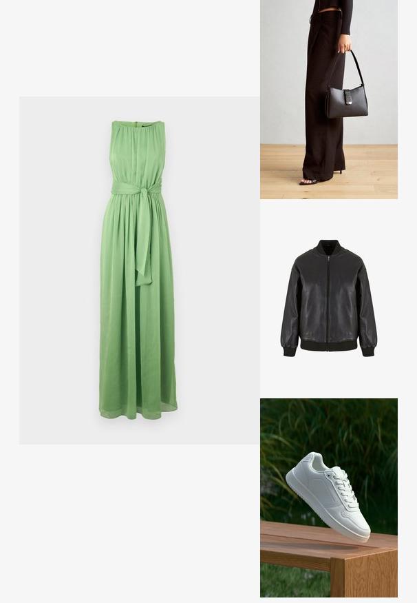 Čierna kožená bomber bunda má predný zips, rebrované manžety a golier, s hladkou textúrou a uvoľneným strihom.; Dlhé, bezrukávové zelené šaty z ľahkej látky s zberaným výstrihom a opaskom v páse pre definovanú siluetu.; Biele tenisky s hladkým syntetickým zvrškom, perforovanou špičkou, plochými šnúrkami a textúrovanou podrážkou, vystavené na drevenej ploche.; Čierna kabelka so štruktúrovaným tvarom, hladkou textúrou a kovovou sponou. V kombinácii so širokými čiernymi nohavicami a sandálmi s otvorenou špičkou na drevenej podlahe.