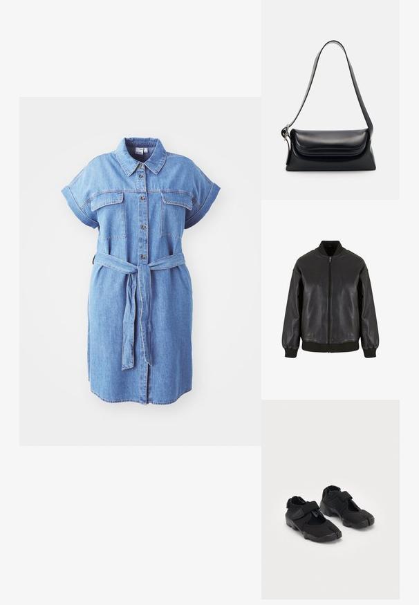 A fekete bőr bombázódzseki elülső cipzárral, bordázott mandzsettákkal és gallérral rendelkezik, sima textúrával és kényelmes, laza szabással.; Farmering ingruha rövid ujjakkal, gombos elülső résszel, két mellzsebbel és megkötős derékpánttal; egyenes szabású és közepes hosszúságú.; Fekete vízicipők rugalmas anyagból, tépőzárral, egyedülálló osztott orrdesignnal és texturált gumitalppal a tapadás érdekében.; Fekete bőr kézitáska, amelynek struktúrált formája, sima textúrája és egyetlen vállpántja van. Finom, lekerekített fedél kialakítással rendelkezik.