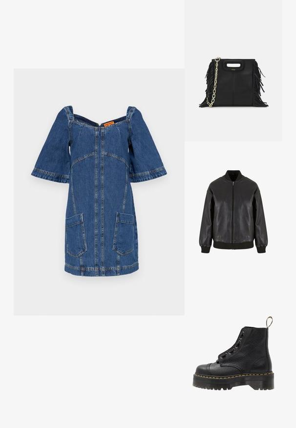 Crna kožna bomber jakna ima prednji zip, rebraste manžete i ovratnik, s glatkom teksturom i opuštenim krojem.; Traper haljina s kratkim širokim rukavima, dekolteom u obliku slova V, prednjim zatvaračem na dugmad i dva džepa. Ima plavu tkaninu i vidljive šavove.; Crne kožne gležnjače s teksturiranom površinom, okruglim vrhom, vezanjem, žutim šavovima i debelim, rebrastim crnim platformama.; Crna kožna torba s resicama, zlatnim lančićem za rame i rukohvatom u obliku izreza. Sadrži logo na prednjoj strani.