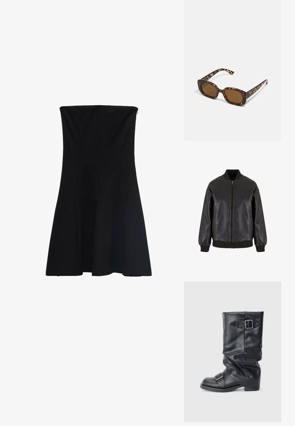 Černá kožená bomber bunda má přední zip, žebrované manžety a límec, hladkou texturu a volný střih.; Černé bezramínkové šaty s přiléhavým korzetem, které se na spodním okraji rozšiřují. Hladká tkanina s výstužemi pro tvar a skrytý zip na zadní straně.; Černá kožená bota s ohnutým holeněm, vybavená dvěma stříbrnými sponami. Zaoblená špička a nízká plochá podrážka. Hladký povrch, minimální zdobení.; Sluneční brýle ve skořápce želvy s kulatým, širokým rámem a hnědými čočkami. Mají jemné vzory a rovné, zúžené stranice.