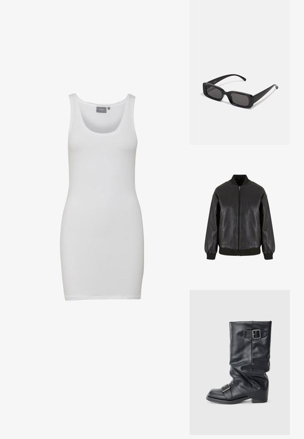 Melna ādas bomber jakas priekšpusē ir rāvējslēdzis, ribotas piedurknes un apkakle, tai ir gluda tekstūra un ērta piegriezuma dizains.; Balta kūļa kleita ar apaļu izgriezumu, izgatavota no gludas, elastīgas auduma. Bez piedurknēm, ar pieguļošu siluetu, kas sasniedz vidus augšstilbu.; Melnas ādas zābaks ar salocītu šahtu, aprīkots ar divām sudraba sprādzēm. Noapaļota purngala un zema, plakanā zoles dizains. Gluda tekstūra, minimāls noformējums.; Melnas taisnstūrveida saulesbrilles ar tumšiem stikliem, spīdīga apdare, platas kājas un masīvs rāmja dizains. Uz vienas kājas ir iegravēts zīmola nosaukums.