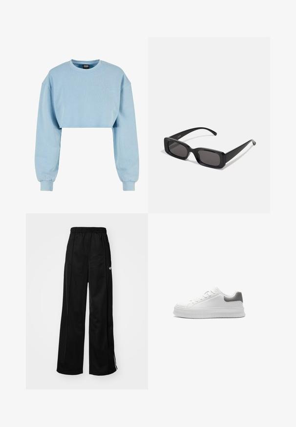 La chaqueta bomber de cuero negro presenta un cierre frontal con cremallera, puños y collar de canalé, con una textura suave y un diseño de corte relajado.; Sudadera cortada de color azul claro, hecha de una tela suave, con mangas largas y un detalle de flor bordado en el pecho.; Pantalones de chándal negros de pierna ancha con cinturilla elástica, que cuentan con rayas laterales blancas y un pequeño logo en la cadera izquierda. Textura de tela suave.; Zapatilla blanca con parte superior sintética suave, acento en el talón gris texturizado, punta redonda y suela gruesa de goma estriada. Diseño de cordones con marcas mínimas.; Gafas de sol rectangulares negras con lentes oscuros, acabado brillante, patillas anchas y un diseño de marco robusto. Nombre de la marca grabado en una de las patillas.