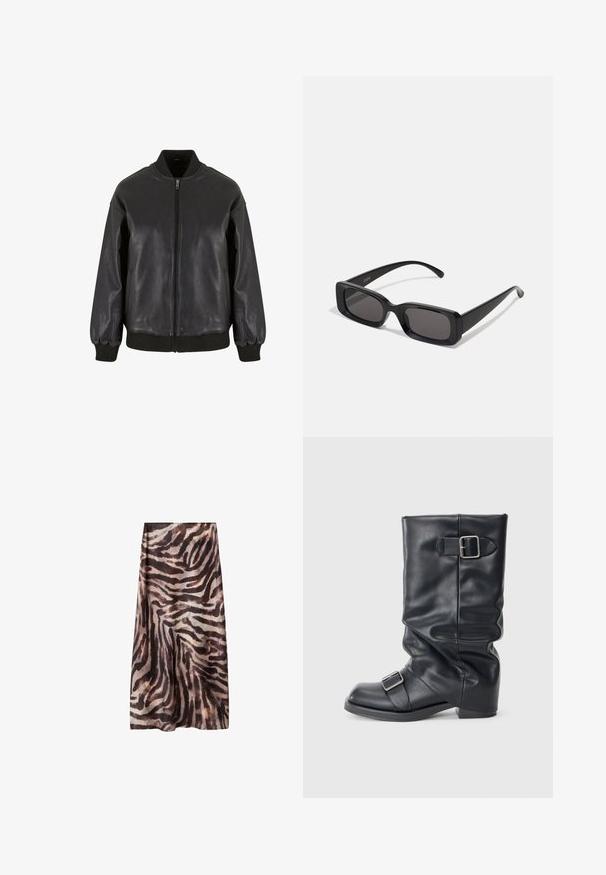 Čierna kožená bomber bunda má predný zips, rebrované manžety a golier, s hladkou textúrou a uvoľneným strihom.; Biely top bez rukávov vyrobený z ľahkej textílie. Má zaoblený výstrih a široké ramenné otvory, s hladkou textúrou a minimálnym dizajnom.; Dlhá sukňa z priesvitnej, ľahkej látky zdobená vzorom čierno-hnedého zebrového pruhu. Priamy strih s A-liniového siluetu.; Čierna kožená boot s preloženým štítom, vybavená dvoma striebornými prackami. Okrúhla špička a nízky, plochý dizajn podrážky. Hladká textúra, minimálne detaily.; Čierne obdĺžnikové slnečné okuliare s tmavými šošovkami, lesklým povrchom, širokými ramenami a robustným rámovým dizajnom. Vygravírované meno značky na jednom ramene.