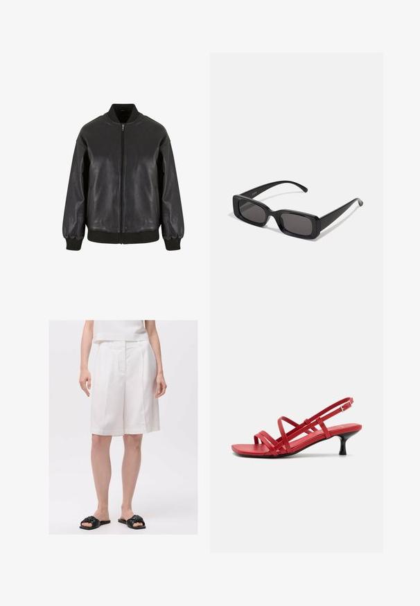 Černá kožená bomber bunda má přední zip, žebrované manžety a límec, hladkou texturu a volný střih.; Bílý top na ramínka vyrobený z lehké látky. Má kulatý výstřih a široké průramky, s hladkou strukturou a minimálním designem.; Bílé lněné šortky s přizpůsobeným střihem, vybavené pevným pasem a předními sklady, spárované s černými uzlovými sandály na klínu.; Červené sandály na pružných páscích s úzkým vysokým podpatkem. Svršek je vyroben z hladkého materiálu s plochou podrážkou a s páskem kolem kotníku pro oporu.; Černé obdélníkové sluneční brýle s tmavými skly, lesklým povrchem, širokými ramínky a robustním designem rámu. Vytlačený název značky na jednom ramínku.