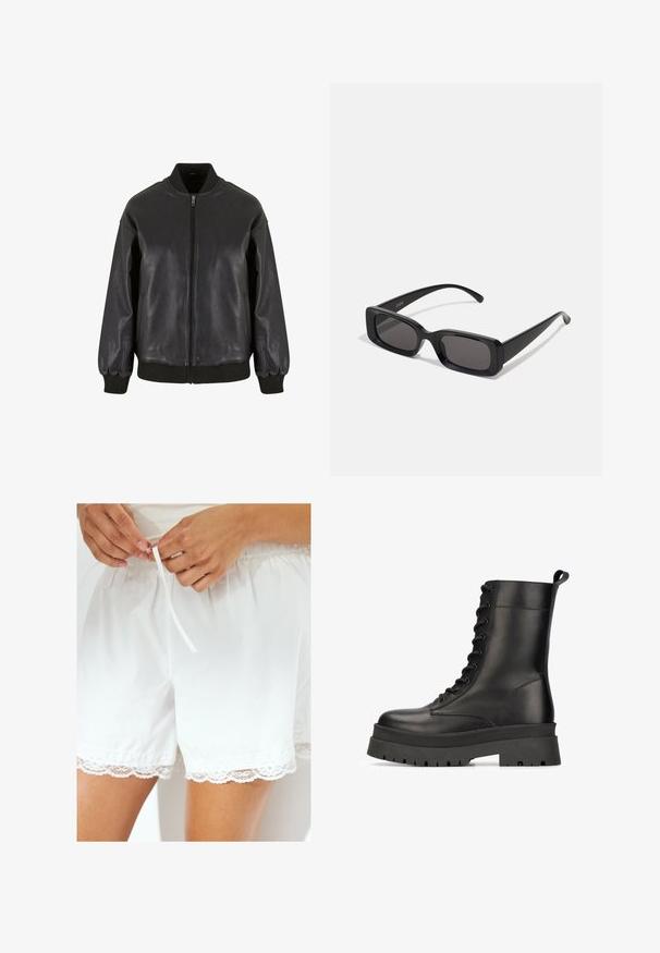 La veste bomber en cuir noir présente une fermeture éclair sur le devant, des poignets et un col côtelés, avec une texture lisse et un design à coupe décontractée.; Débardeur blanc en tissu léger. Présente un encolure arrondie et de larges emmanchures, avec une texture lisse et un design minimaliste.; Shorts en coton blanc avec taille élastique et cordon de serrage, ornés d'une dentelle le long de l'ourlet pour un détail supplémentaire.; Bottines noires en cuir avec une semelle épaisse, un design à lacets et une languette au talon. Fini mat avec des motifs texturés.; Lunettes de soleil noires rectangulaires avec des verres foncés, finition brillante, larges branches et un design de monture épaisse. Nom de marque gravé sur une branche.