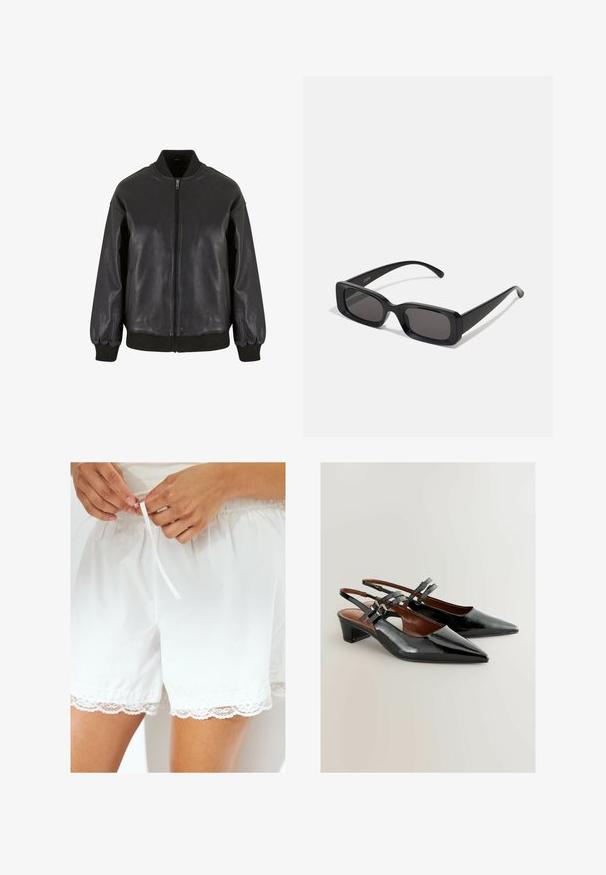 Czarna skórzana bomberka charakteryzuje się zamkiem błyskawicznym z przodu, prążkowanymi mankietami i kołnierzem, a także gładką teksturą i luźnym krojem.; Biały top na ramiączkach wykonany z lekkiego materiału. Posiada okrągły dekolt i szerokie wycięcia na ramionach, charakteryzuje się gładką fakturą i minimalistycznym wzornictwem.; Białe bawełniane szorty z elastycznym pasem i sznurkiem, z koronkowym wykończeniem na dolnym brzegu dla dodatkowego efektu.; Czarne lakierowane buty na słupku z odkrytymi piętami, z wydłużonym noskiem, średnim obcasem oraz dekoracyjnymi klamrami. Gładka tekstura z eleganckim designem.; Czarne prostokątne okulary przeciwsłoneczne z ciemnymi szkłami, błyszczącym wykończeniem, szerokimi zausznikami i masywną konstrukcją. Wygrawerowana nazwa marki na jednym z zauszników.